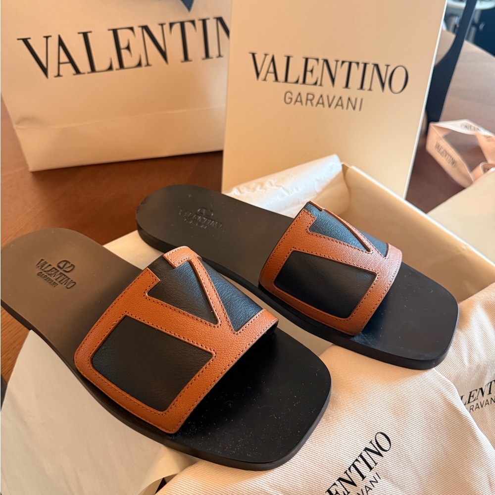 Valentino Garavani Black & Brown Leather Men’s Slide Sandals